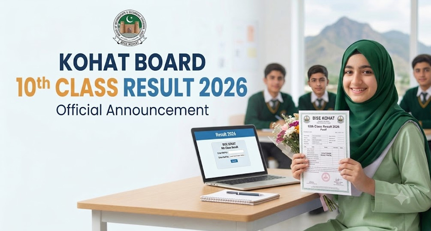 BISE Kohat Board 10th Class Result 2026 official announcement banner showing students with result cards.