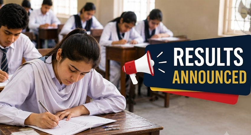 Students in school uniform writing an exam with a 