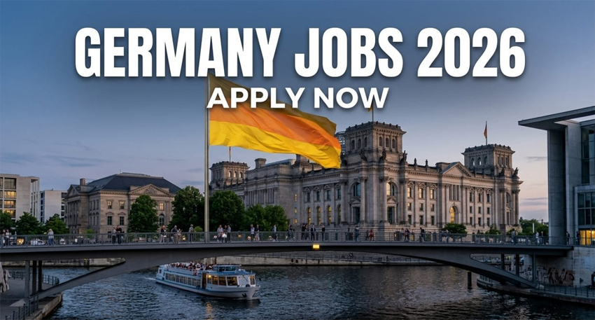 Reichstag Building in Berlin with a German flag and text overlay 