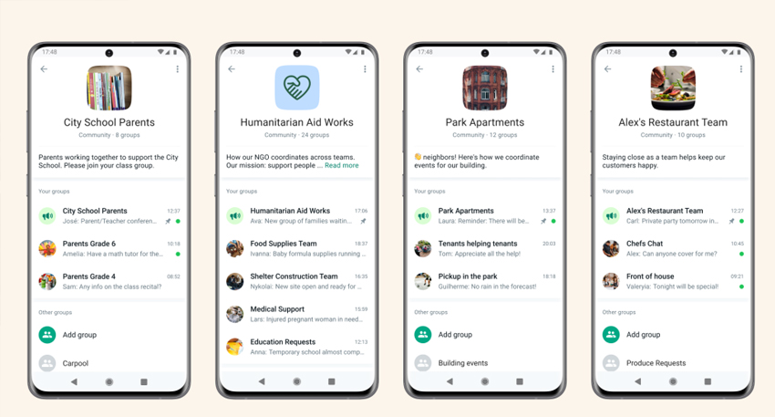 Four smartphones displaying the new WhatsApp group chat features, including Humanitarian Aid Works and City School Parents.