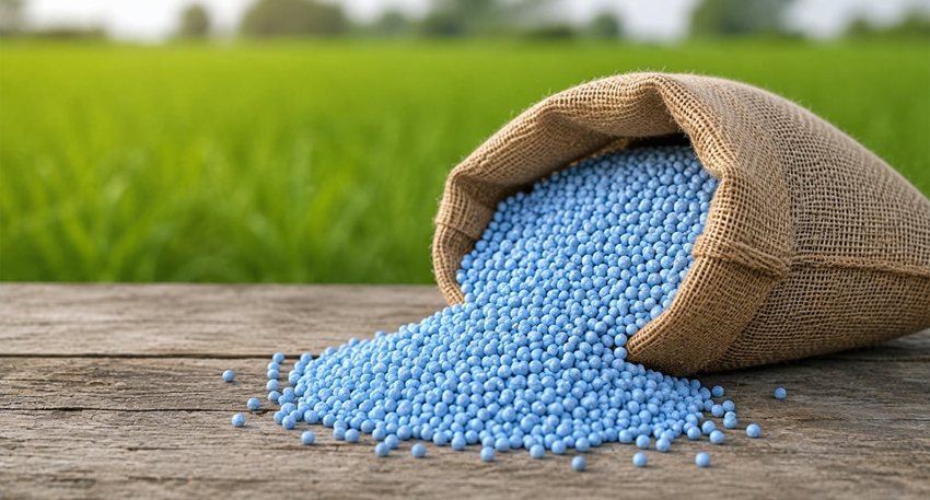 Blue fertilizer pellets pouring out from a burlap sack onto a wooden surface with a blurry green field in the background.