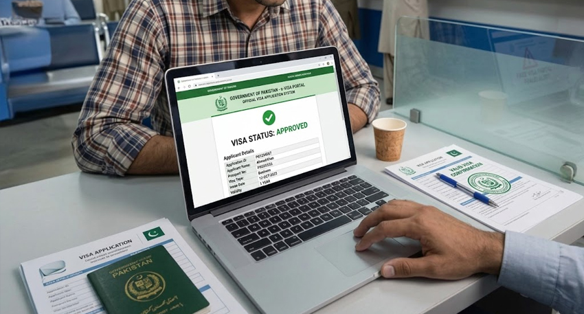 Laptop screen showing approved Pakistan e-visa status next to a green passport on a desk.