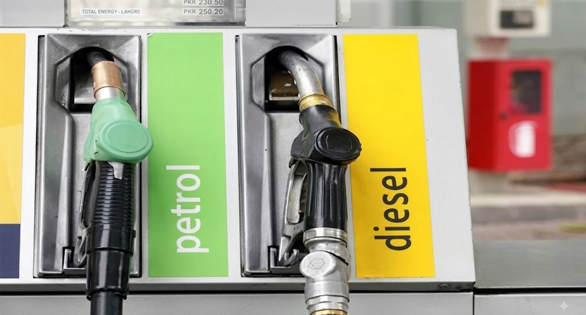 Fuel station pump handles labeled petrol and diesel showing fuel prices in Pakistan.