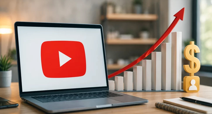 Laptop showing YouTube logo next to an upward growth chart and dollar sign.