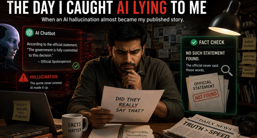 AI chatbot generating false information while a journalist checks facts on a laptop