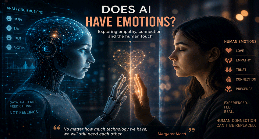 AI and human emotions shown through a digital robot and person exploring empathy, connection and emotional intelligence