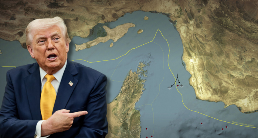 Donald Trump pointing to a map of the Strait of Hormuz.