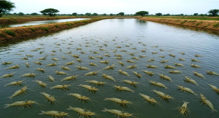 Thousands of shrimp floating in an outdoor aquaculture pond in Punjab.