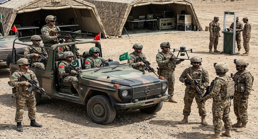 Soldiers from different countries train together with a military vehicle.