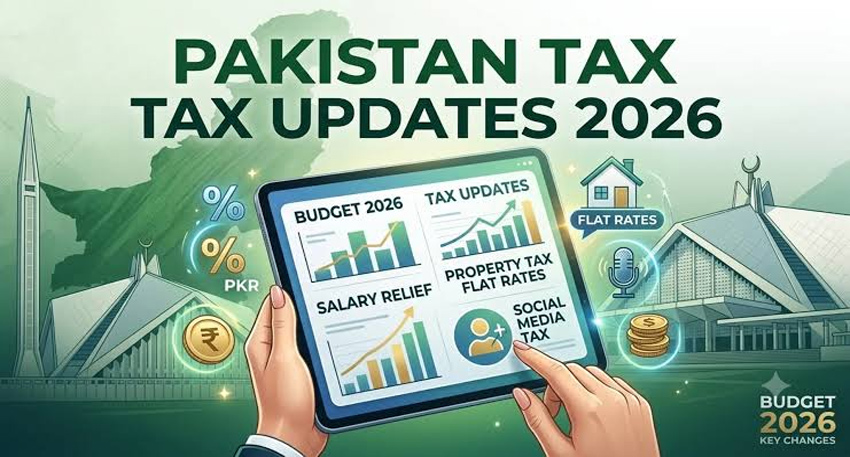 Graphic showing Pakistan Tax Updates 2026 highlighting salary relief, property flat rates, and social media tax.