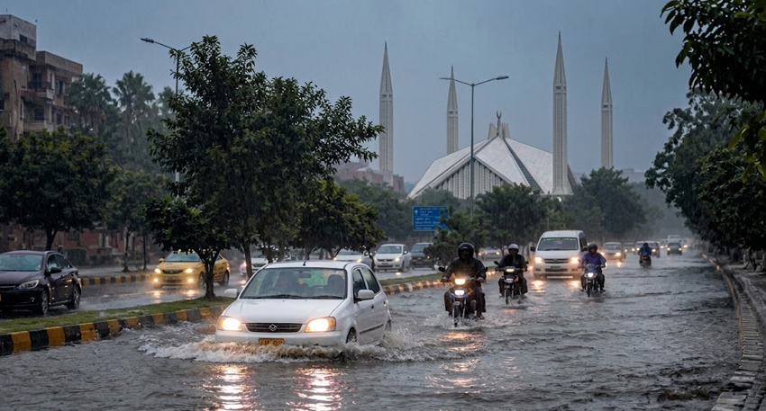 Flooded road in Islamabad with cars and motorcycles during heavy rain as Rawalpindi rain emergency declared