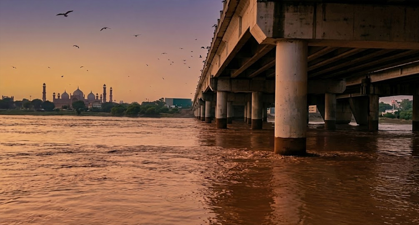 Badshahi Mosque visible from a rising, muddy Ravi River flowing rapidly under a concrete bridge during sunset.