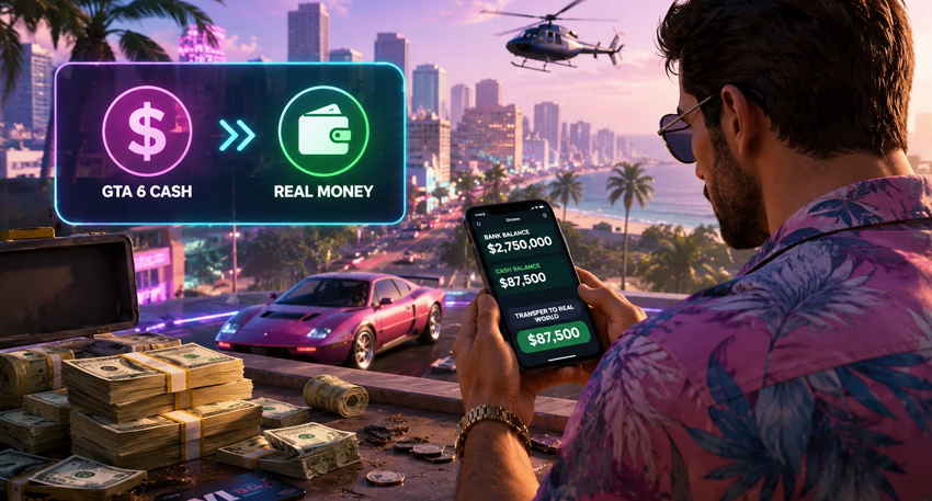 Man holding phone with GTA 6 cash to real money transfer option.