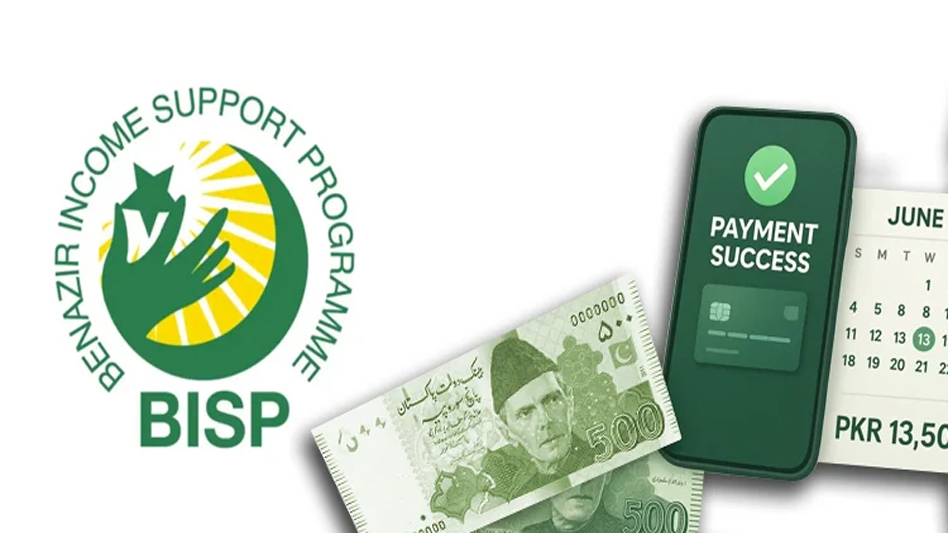 BISP logo next to Pakistani currency notes, a mobile phone with a payment success screen, and a calendar page.