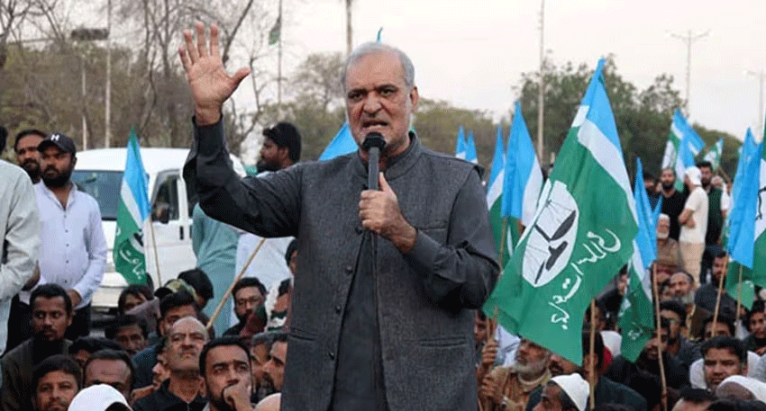 Hafiz Naeem addresses JI supporters during a protest demanding lower petrol prices and removal of the petroleum levy