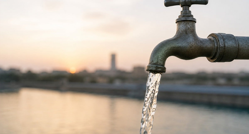 Outdoor metal tap running with water.