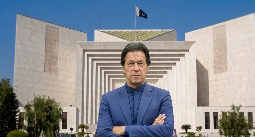 Split image of the Supreme Court of Pakistan and former Prime Minister Imran Khan.