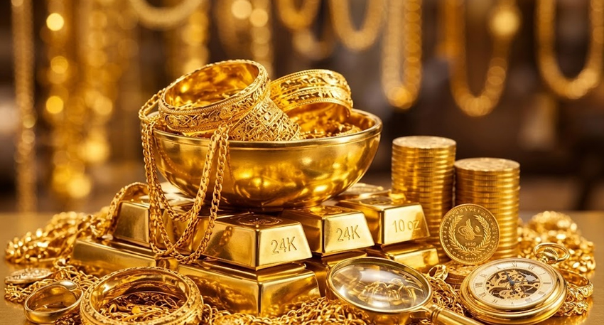 Gold bars, coins, jewelry, and a pocket watch piled together.