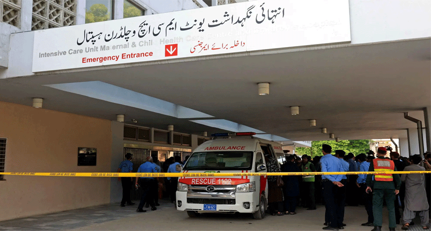 Rescue teams respond to a deadly fire at the PIMS Mother and Child Health Ward in Islamabad.