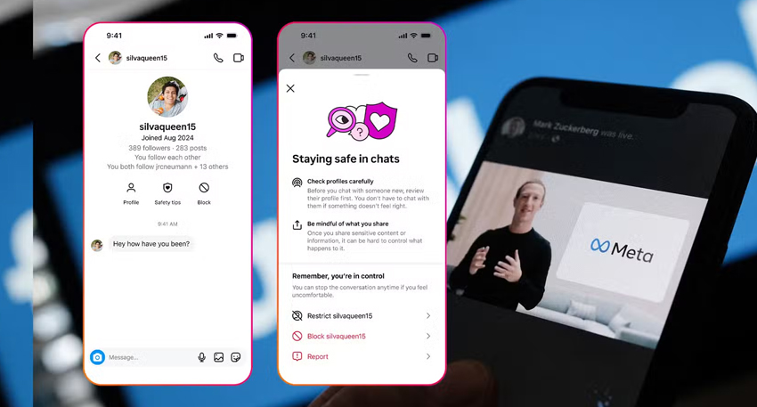 Screenshots of Instagram safety features beside a phone showing Mark Zuckerberg and the Meta logo.