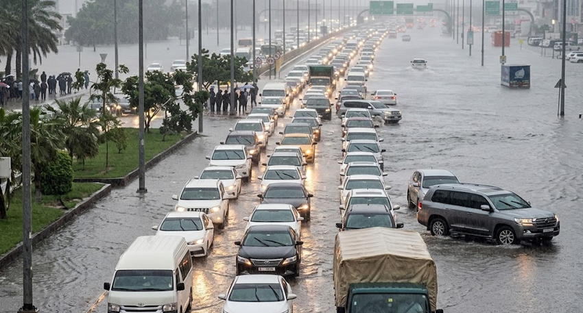 Cars stuck in gridlock traffic on a heavily flooded multi-lane city highway during intense rainfall.