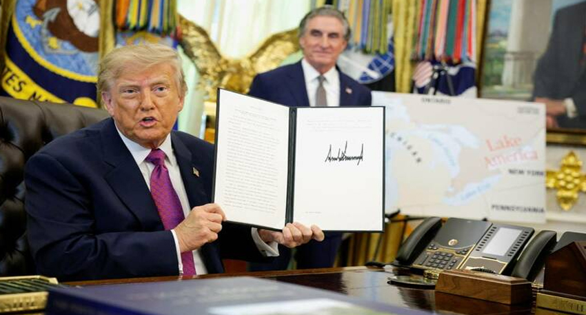 Donald Trump holding a signed executive order next to a map renaming Lake Ontario to Lake America.