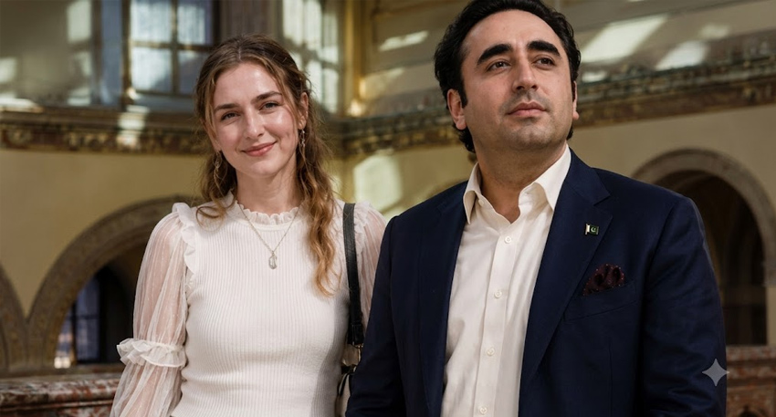 Bilawal Bhutto Zardari posing side-by-side with an unnamed woman in an ornate indoor balcony setting.