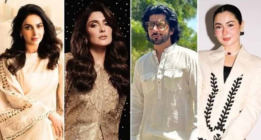Saba Qamar, Ayeza Khan, Imran Ashraf, and Hania Aamir posing for photos at a Basant celebration event.