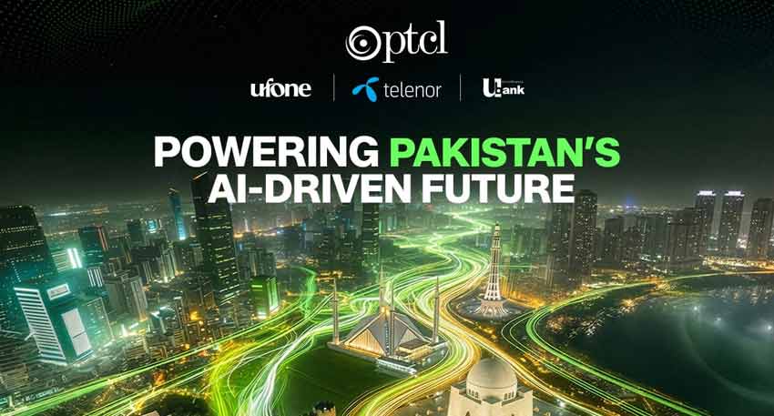 Night view of a city with logos for Optel, Ufone, Telenor, and Ubank, and text about AI-driven future.