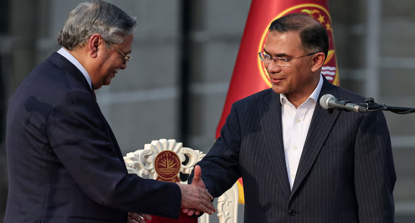 Bangladeshi President Mohammed Shahabuddin shakes hand with new Prime Minister Tarique Rahman after administering oath-taking ceremony at the South Plaza of the parliament building , in Dhaka, Bangladesh, February 17, 2026. Reuters