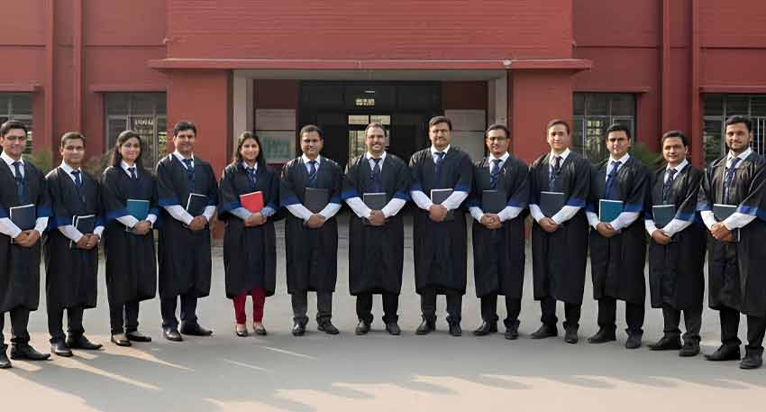 A group of male and female teachers posing outside in matching black graduation-style gowns and formal attire.