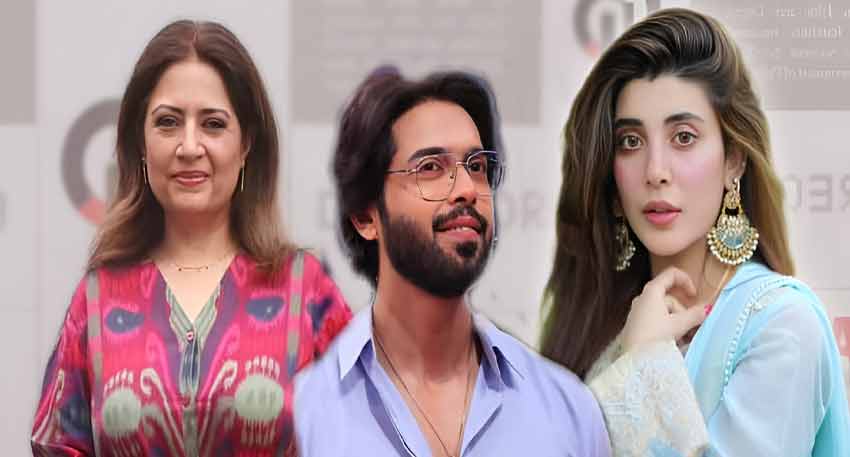 A collage of Pakistani actors Atiqa Odho in pink ikat, Fahad Mustafa in a lilac shirt, and Urwa Hocane in light blue.