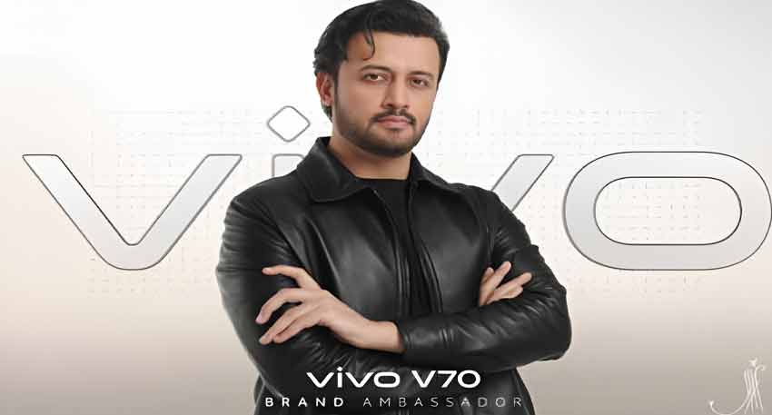 Atif Aslam posing in a black leather jacket for a Vivo V70 advertisement.