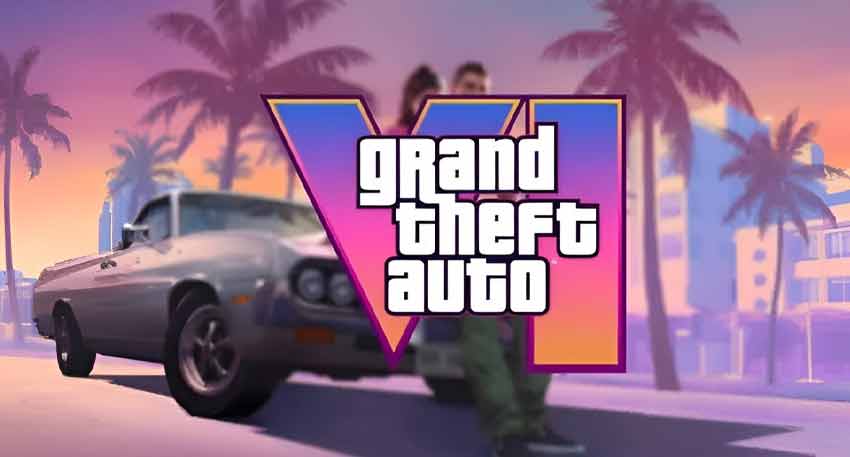 Grand Theft Auto VI logo over a sunset background with a vintage car and palm trees.