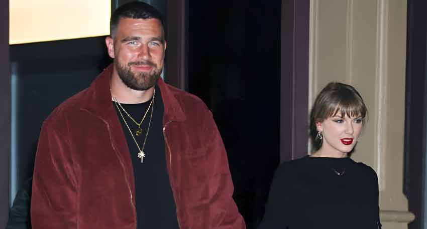 Travis Kelce in a maroon jacket and Taylor Swift in a black top on a night out.