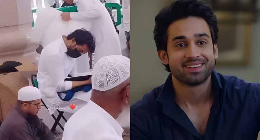 Bilal Abbas Khan praying at Masjid-e-Nabawi (left) and smiling in a portrait (right).