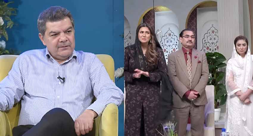 Split image of Mubasher Lucman seated and a group including Fiza Ali and Dr. Kashif Fayyaz standing.