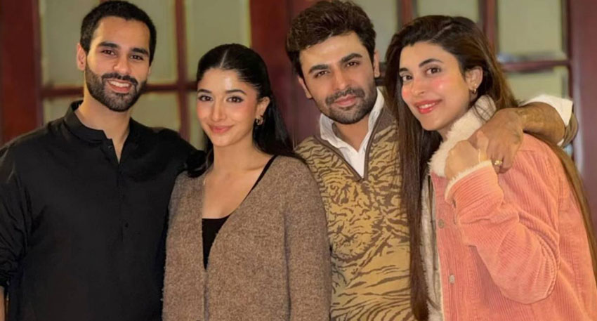 Ameer Gilani, Mawra Hocane, and Urwa Hocane pose with another person at a celebrity gathering.