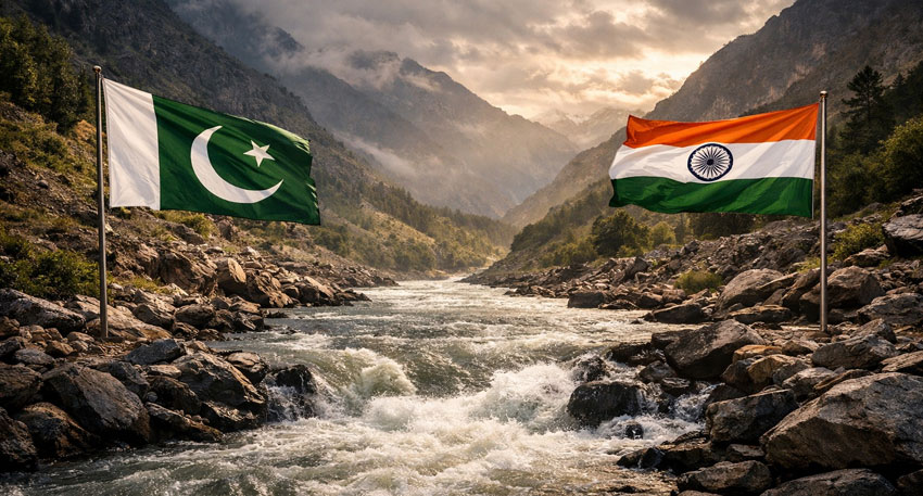 Pakistan and India flags overlooking the Indus River valley and mountains, symbolizing the water treaty.