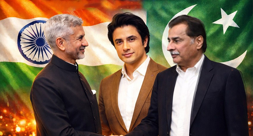 Indian EAM S. Jaishankar and Pakistani Speaker Sardar Ayaz Sadiq shake hands; also featuring singer Ali Zafar.