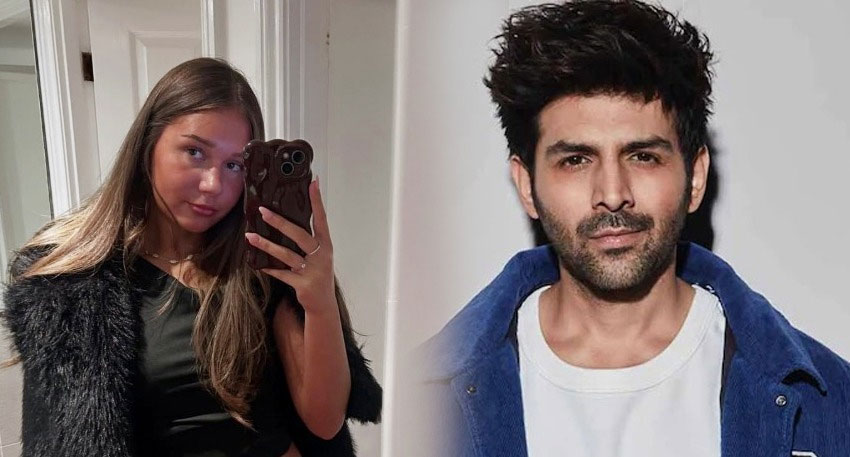 Karina Kubiliute on left taking a selfie, and actor Kartik Aaryan on right, posing for a photo.