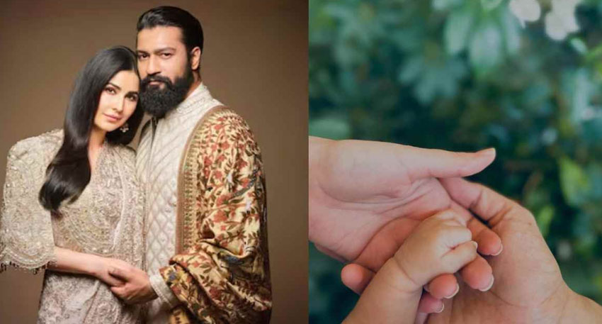 Bollywood actors Katrina Kaif and Vicky Kaushal with a photo of a baby's hand announcing parenthood.