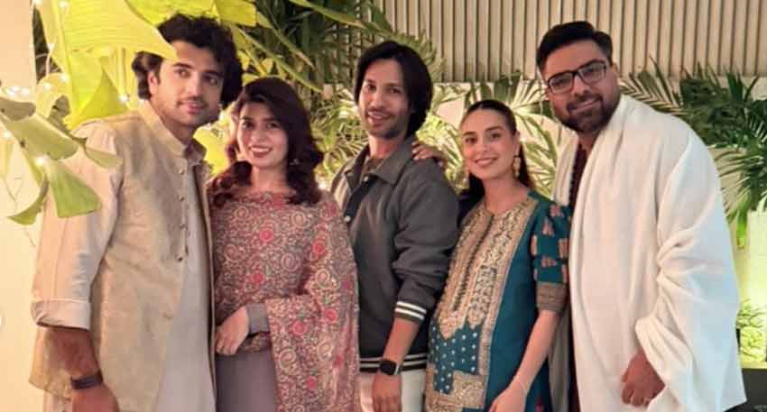 Pakistani celebrities including Iqra Aziz and Yasir Hussain at Umer Alam's Dholki event.