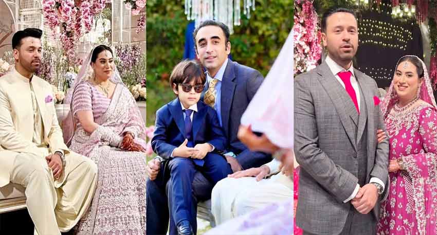 Ayesha Talpur's wedding collage featuring her with husband Sabih Ali Shah, and Bilawal Bhutto Zardari.