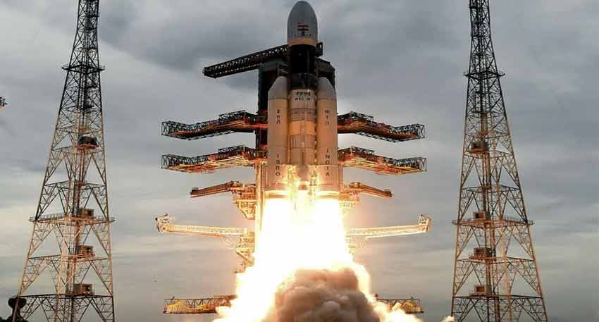 ISRO LVM3 rocket launches from the Satish Dhawan Space Centre with bright exhaust flames and smoke