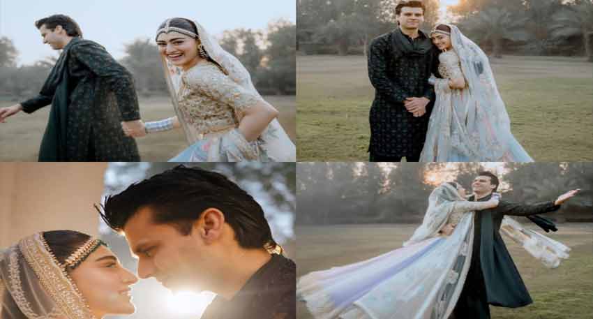 Hina Afridi and Taimoor Akbar wedding photos. A four-panel collage of the couple posing outdoors during their mehndi event.