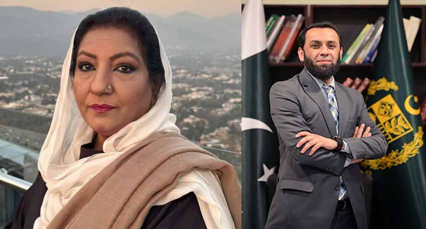 Ishrat Fatima, a veteran Pakistani news broadcaster, alongside Attaullah Tarar, Pakistan's Minister for Information.
