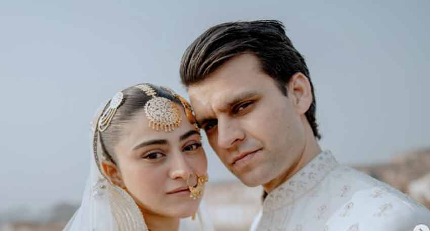 Pakistani actress Hina Afridi and digital creator Taimoor Akbar look radiant during their elegant wedding ceremony.