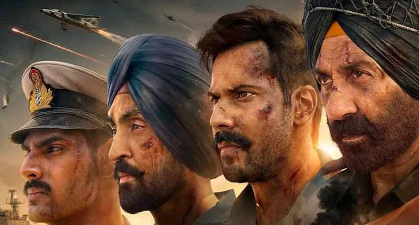 Poster for the movie Border 2 featuring actors Sunny Deol, Varun Dhawan, Diljit Dosanjh, and Ahan Shetty in uniform.