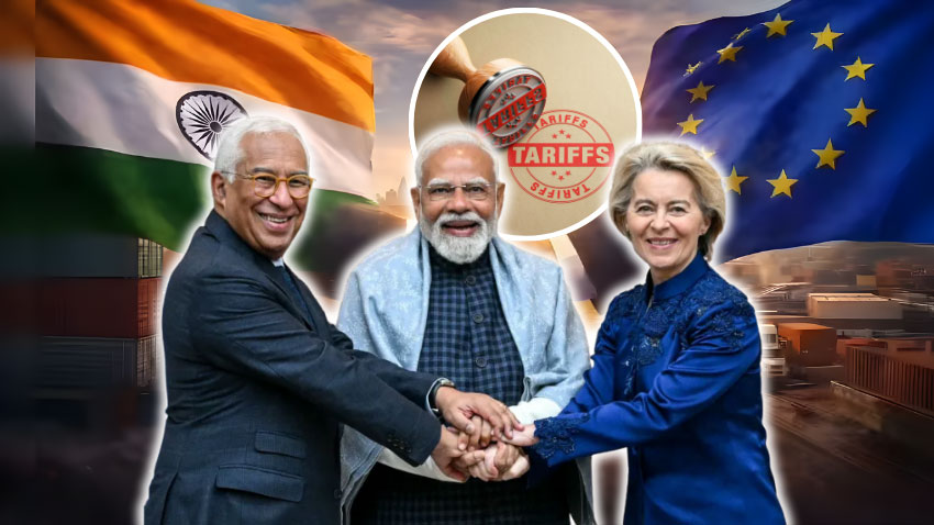 European Council President Antonio Costa, Indian Prime Minister Narendra Modi and European Commission President Ursula von der Leyen. File Photo